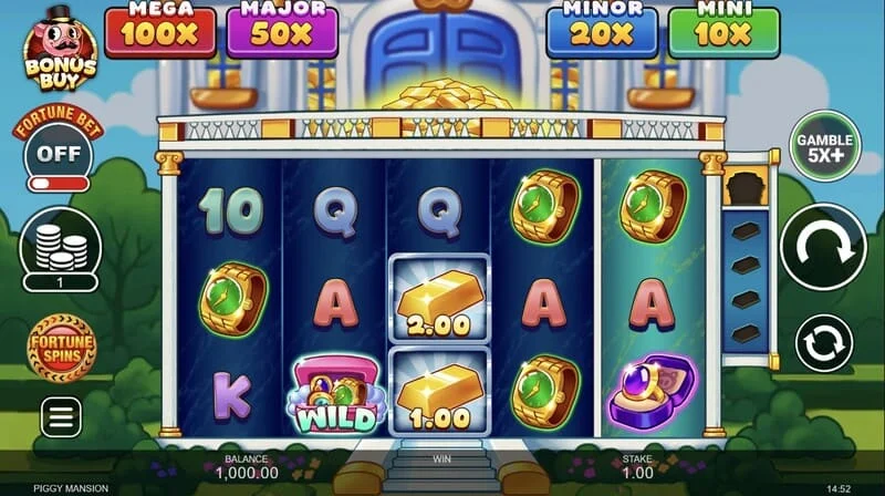 Piggy Mansion - Màn hình trò chơi với lưới 5x3 và các biểu tượng tiền mặt